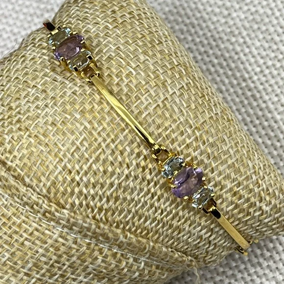 Vintage Gold-Over-Sterling Purple Gemstone Bracelet - 7” Stamped OBJ 925 - Picture 11 of 17
